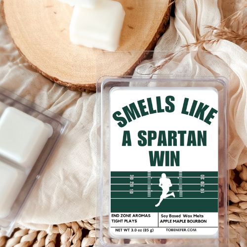 Smells Like a Spartan Win Wax Melt – Michigan State Game Day Candle in Green and White, Perfect for Fans, Tailgates, and Gifts.