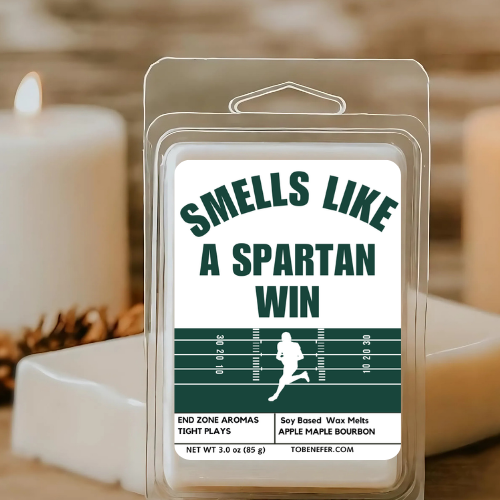 Smells Like a Spartan Win Wax Melt – Michigan State Game Day Candle in Green and White, Perfect for Fans, Tailgates, and Gifts.