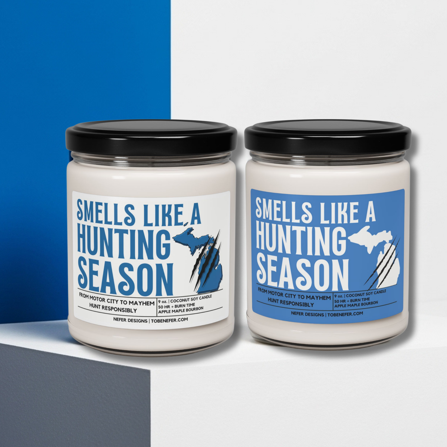 Two candles with labels reading 'Smells Like a Hunting Season' on a blue and white background.