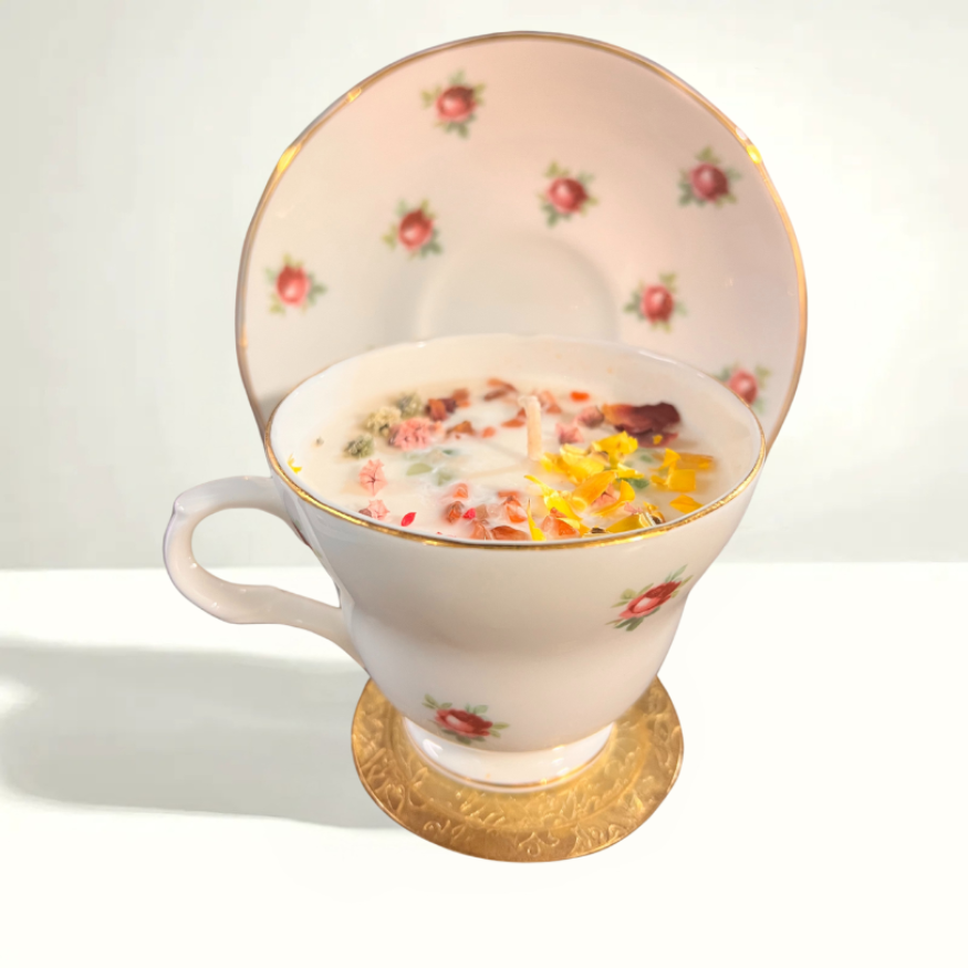 A fine bone china set with delicate floral designs and gold trim, crafted in the heart of England’s pottery tradition—Stoke-on-Trent.