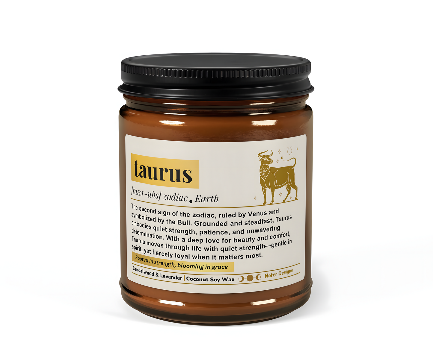 Taurus Zodiac Candle - Lavender & Sandalwood scented coconut-soy wax candle in amber jar, for grounded, loyal souls."