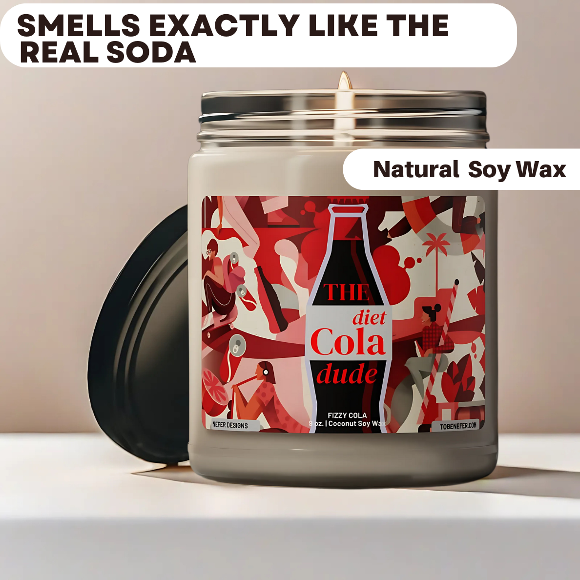 A 9 oz Diet Cola Dude Soda Pop Soy Candle in a repurposed soda can, featuring a bold red design. Hand-poured with a coconut and soy wax blend, it fills the air with the nostalgic scent of classic cola. A fun gift for soda lovers and vintage fans.