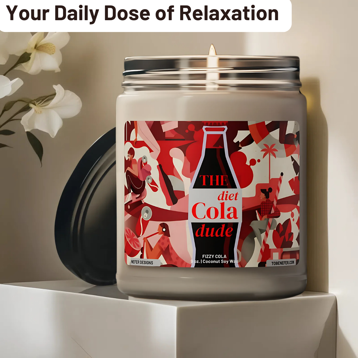 A 9 oz Diet Cola Dude Soda Pop Soy Candle in a repurposed soda can, featuring a bold red design. Hand-poured with a coconut and soy wax blend, it fills the air with the nostalgic scent of classic cola. A fun gift for soda lovers and vintage fans.