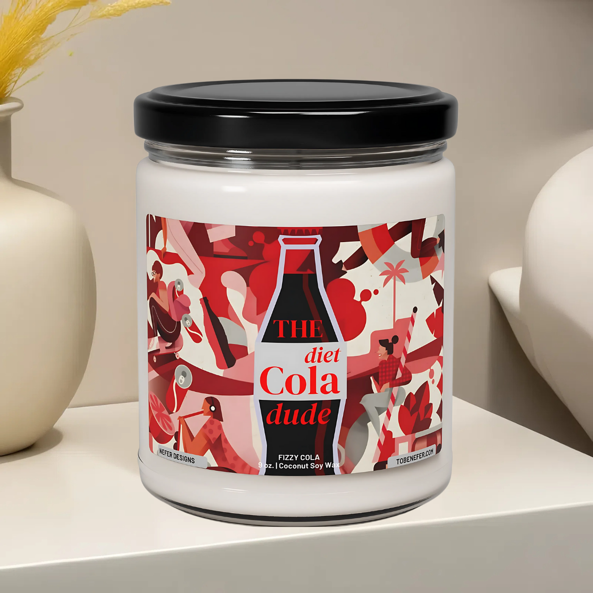A 9 oz Diet Cola Dude Soda Pop Soy Candle in a repurposed soda can, featuring a bold red design. Hand-poured with a coconut and soy wax blend, it fills the air with the nostalgic scent of classic cola. A fun gift for soda lovers and vintage fans.