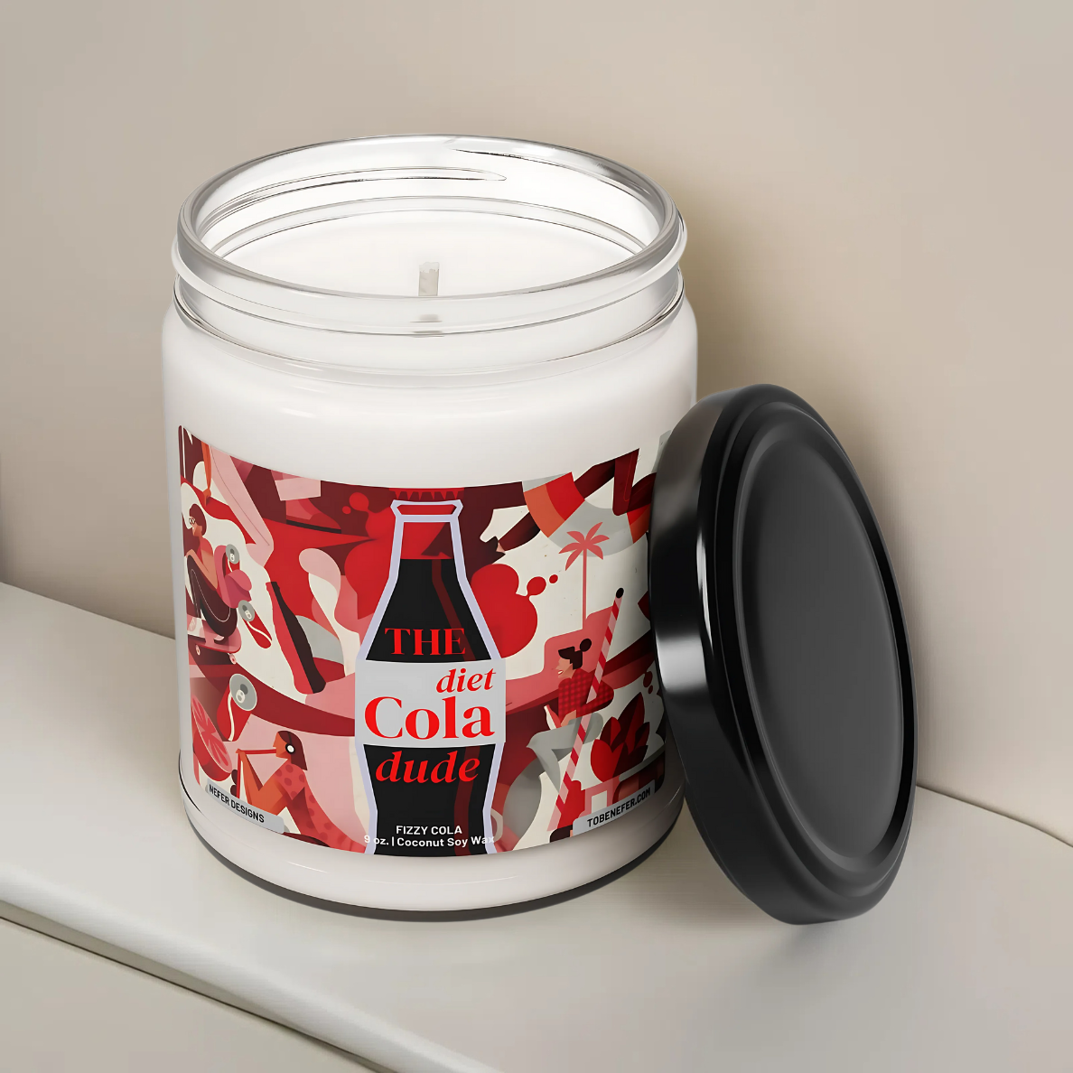 A 9 oz Diet Cola Dude Soda Pop Soy Candle in a repurposed soda can, featuring a bold red design. Hand-poured with a coconut and soy wax blend, it fills the air with the nostalgic scent of classic cola. A fun gift for soda lovers and vintage fans.