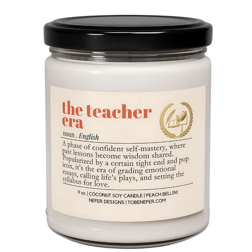 Candle jar with a label titled 'the teacher era' on a white background