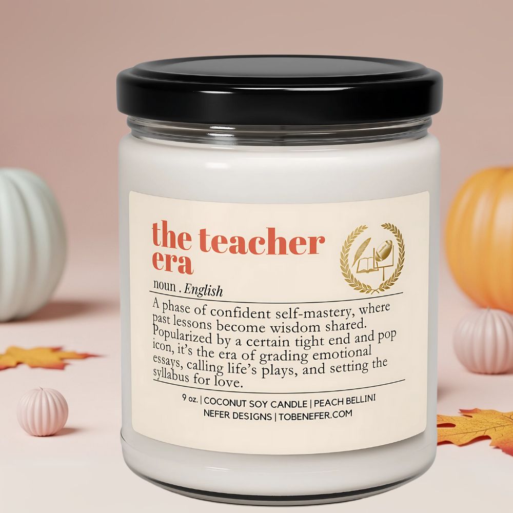 Candle jar labeled 'the teacher era' with decorative elements on a beige background