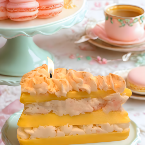 Tranche Citron Cake Slice Candle - realistic handmade soy wax candle shaped like a frosted citrus dessert, with textured sponge layers and creamy vanilla glaze. Vegan, long-lasting bakery scent for home decor or gifting."