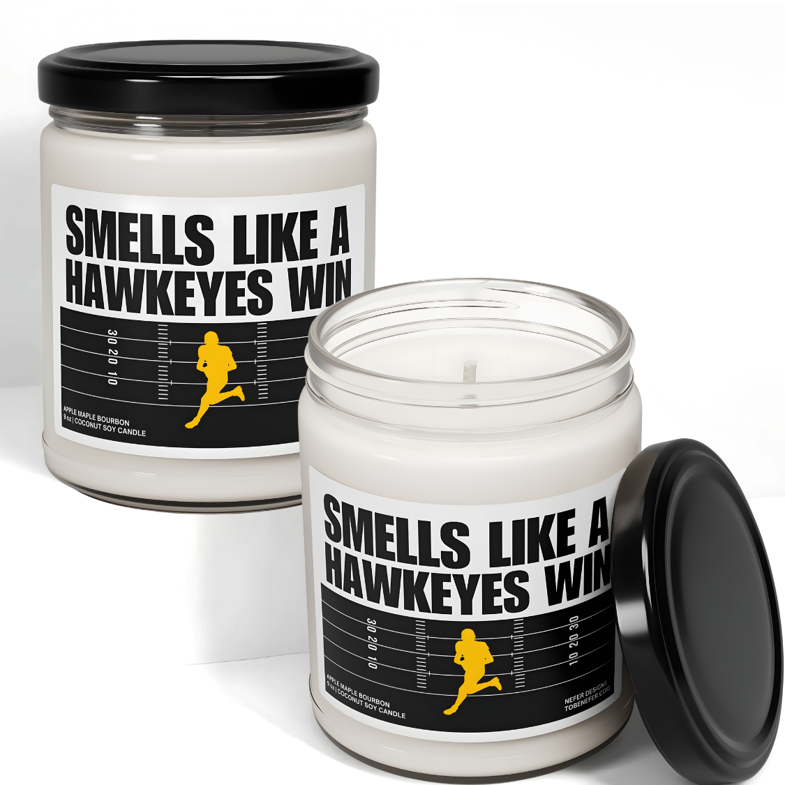 Smells Like a Hawkeyes Win game day candle with the label showing the school colors.