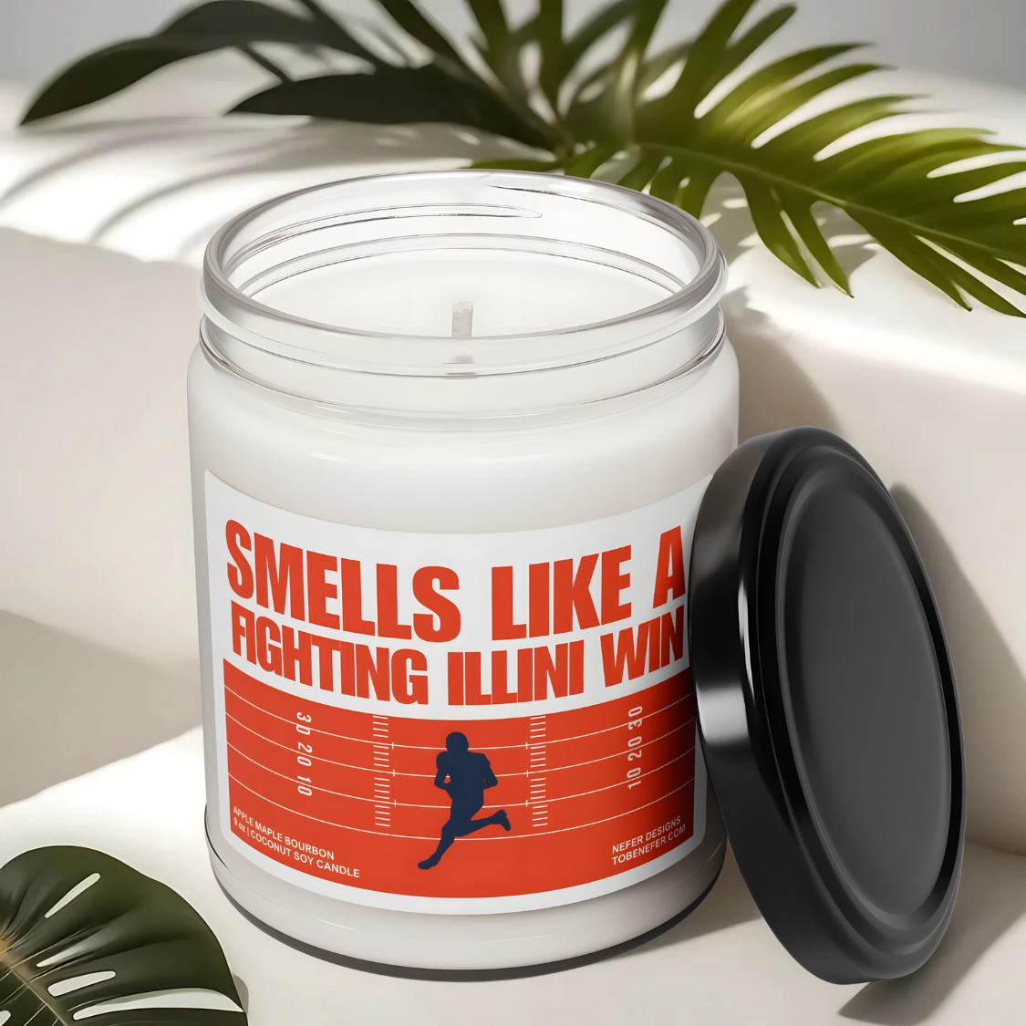 Fighting Illinois game day candle with the team colors on the label