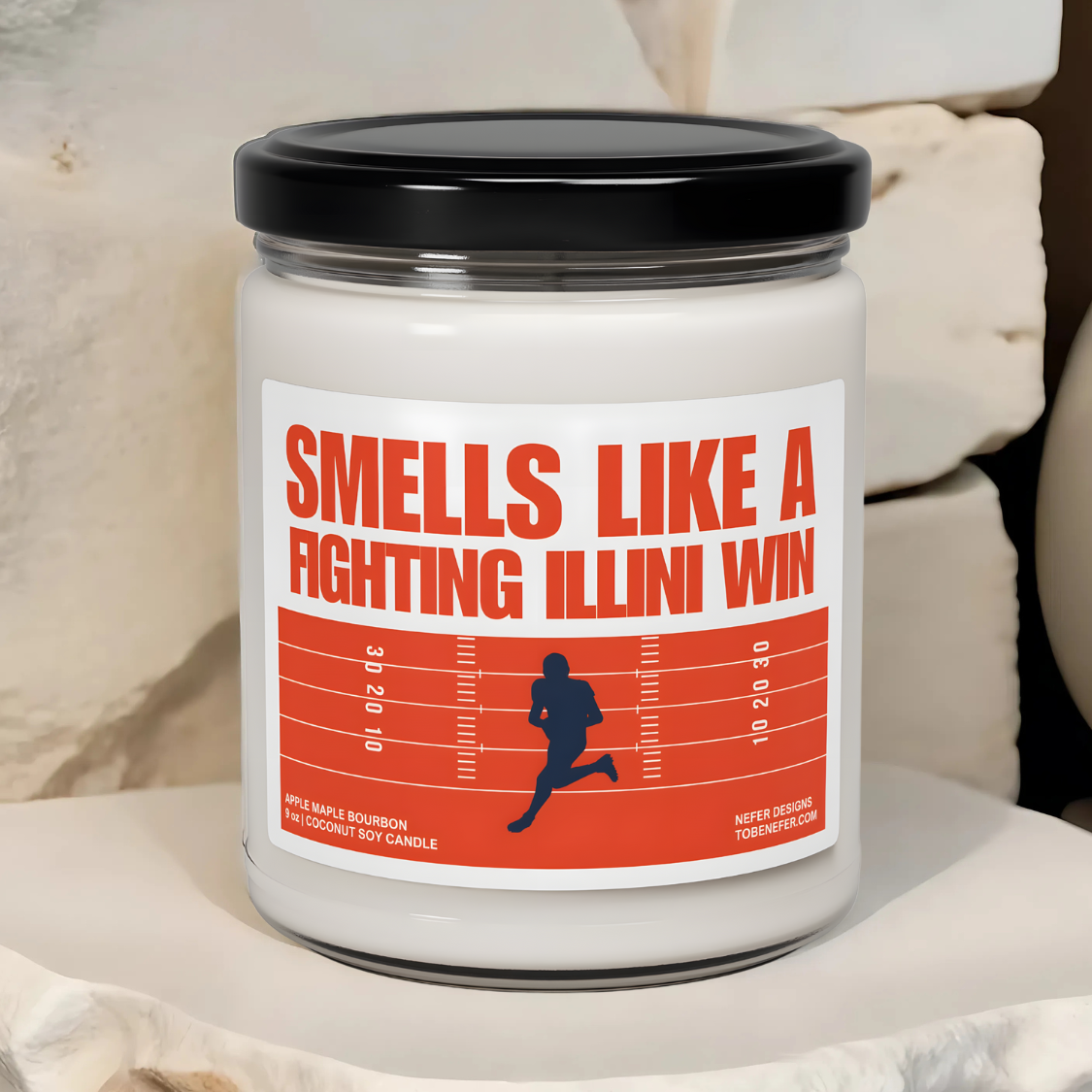 Fighting Illinois game day candle with the team colors on the label