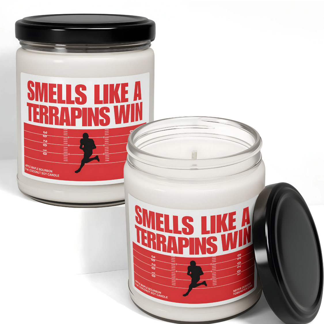 University of Maryland Terrapins football game day candle with the label show casing the team colors