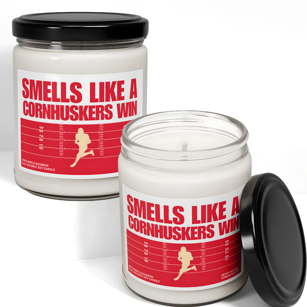 University of Nebraska Cornhuskers Football game day candle wit the team colors on the label