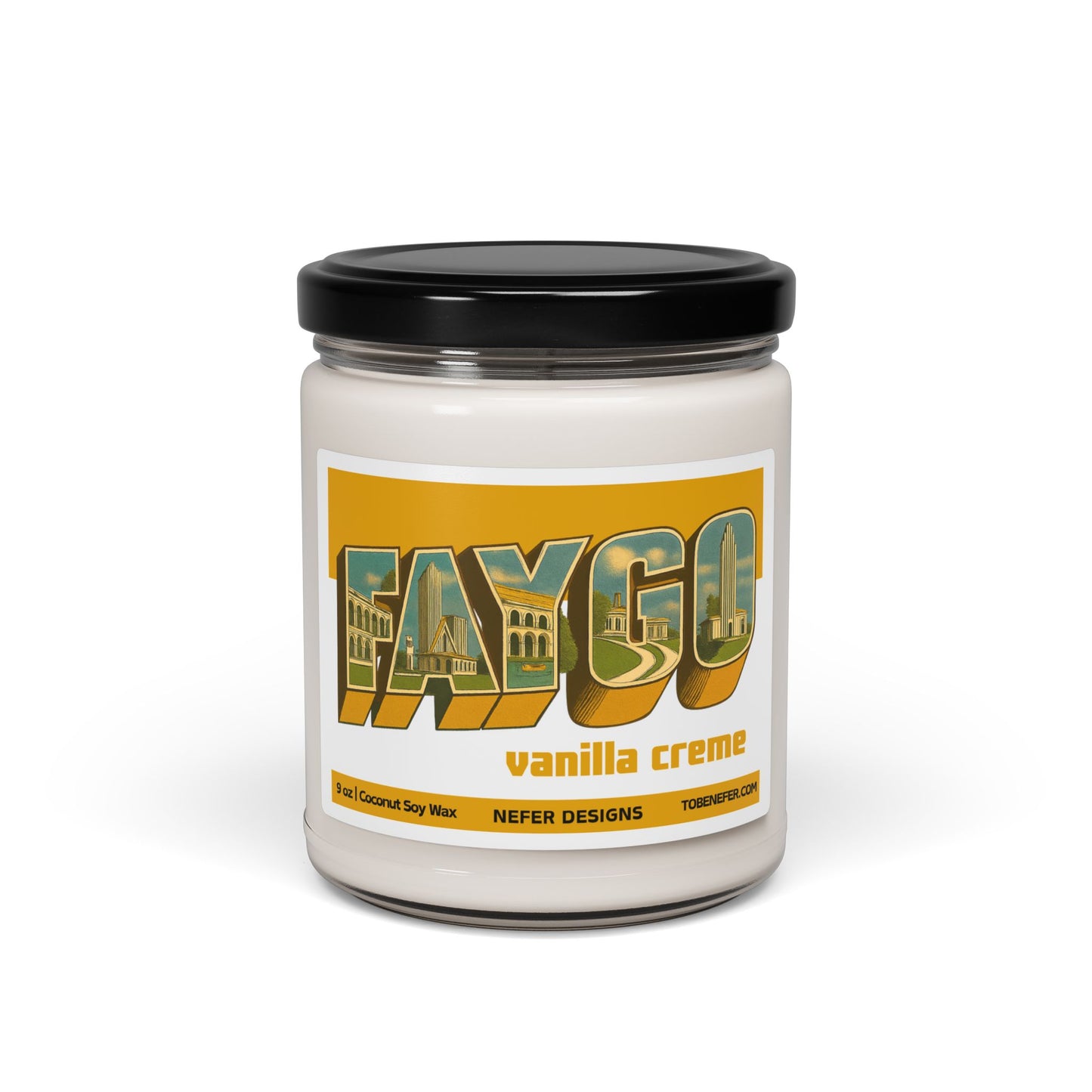 Faygo Vanilla Creme candle with a black lid on a white background