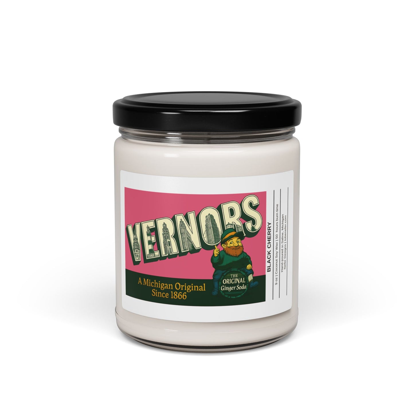 Jar of Vernors ginger ale scented candle with a colorful label on a white background