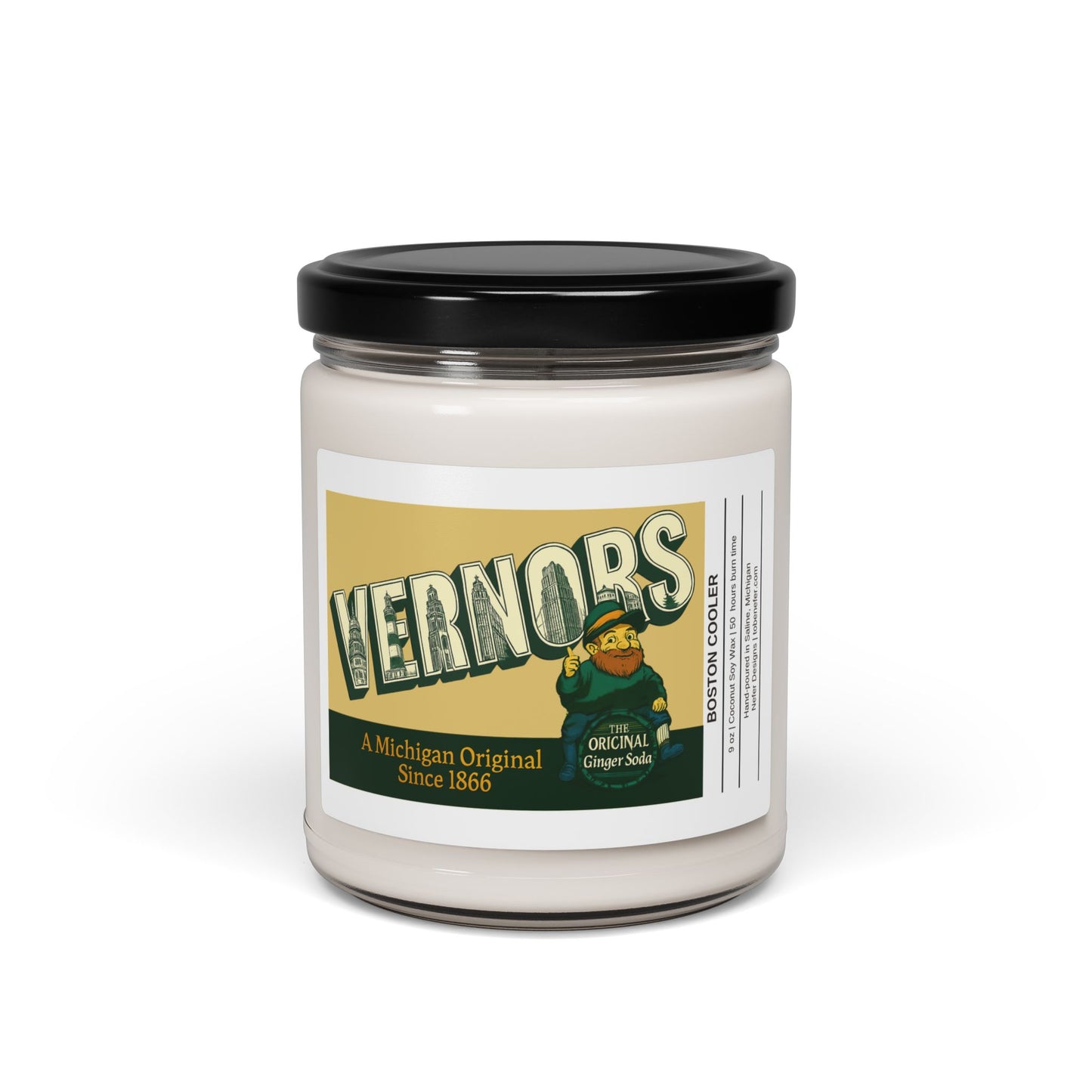 Vernors Ginger ale Boston Cooler scented candle in a jar with a black lid on a white background