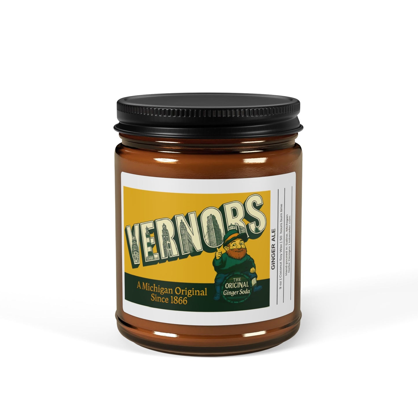 Jar of Vennors ginger ale scented candle with a label on a white background