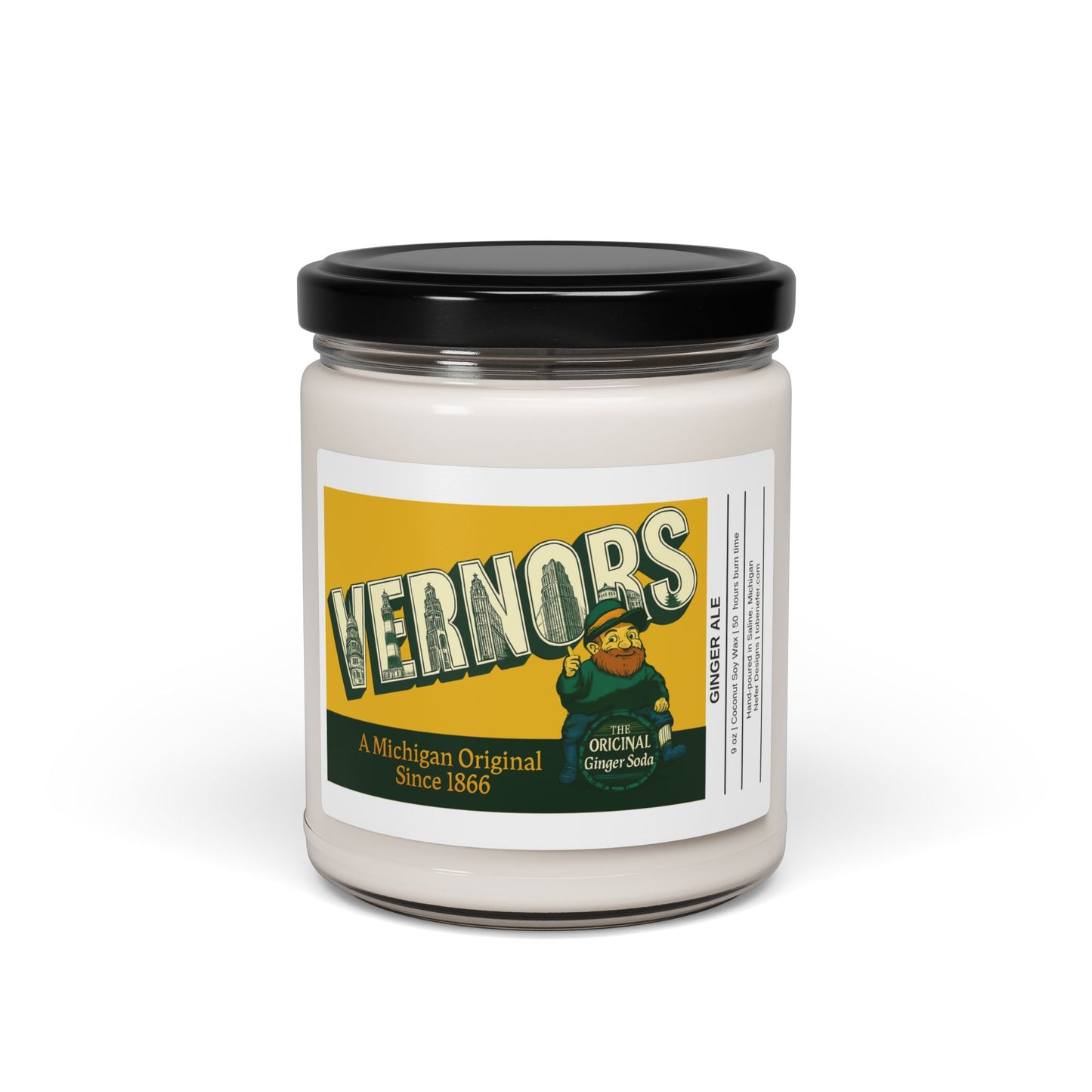 Jar of Vennors ginger ale scented candle with a black lid on a white background