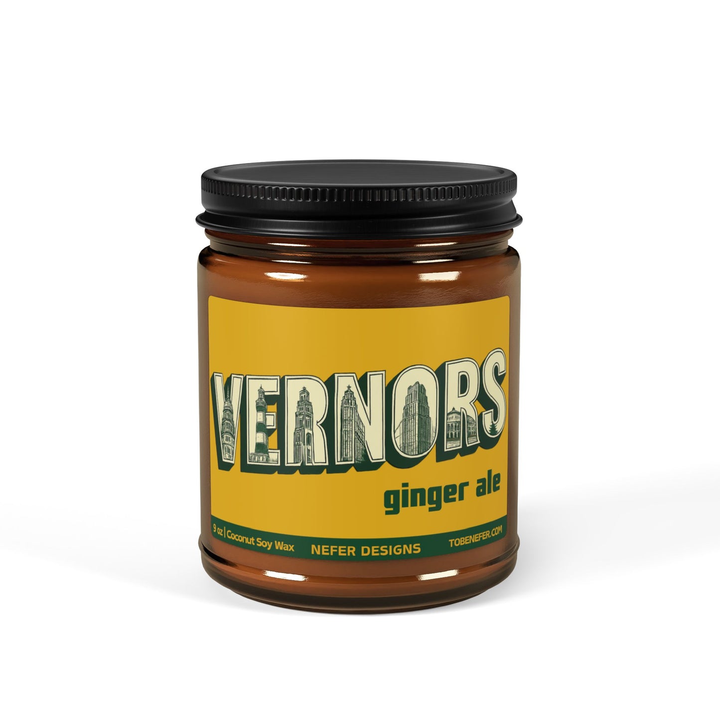 Vernors ginger ale candle in a glass jar with a yellow label on a white background