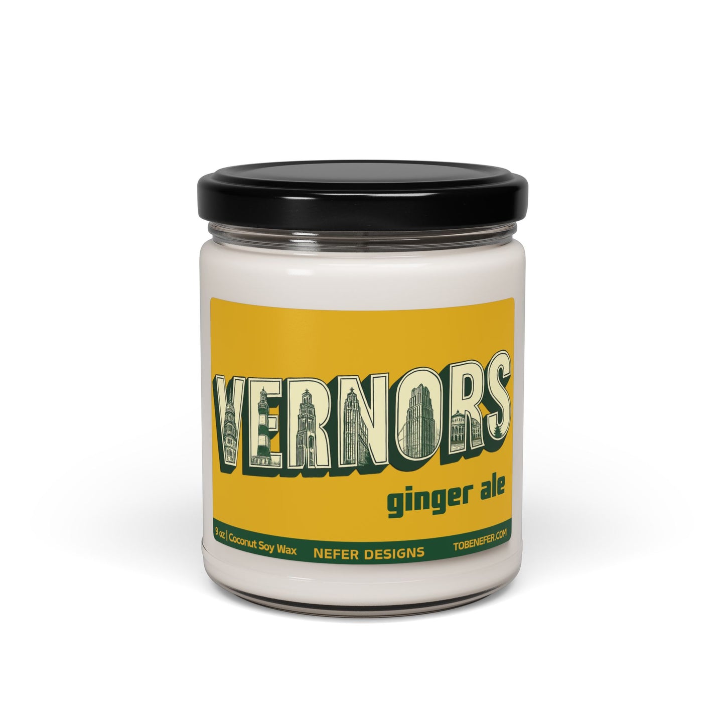 Jar of Vernors Ginger Ale candle with a yellow label on a white background