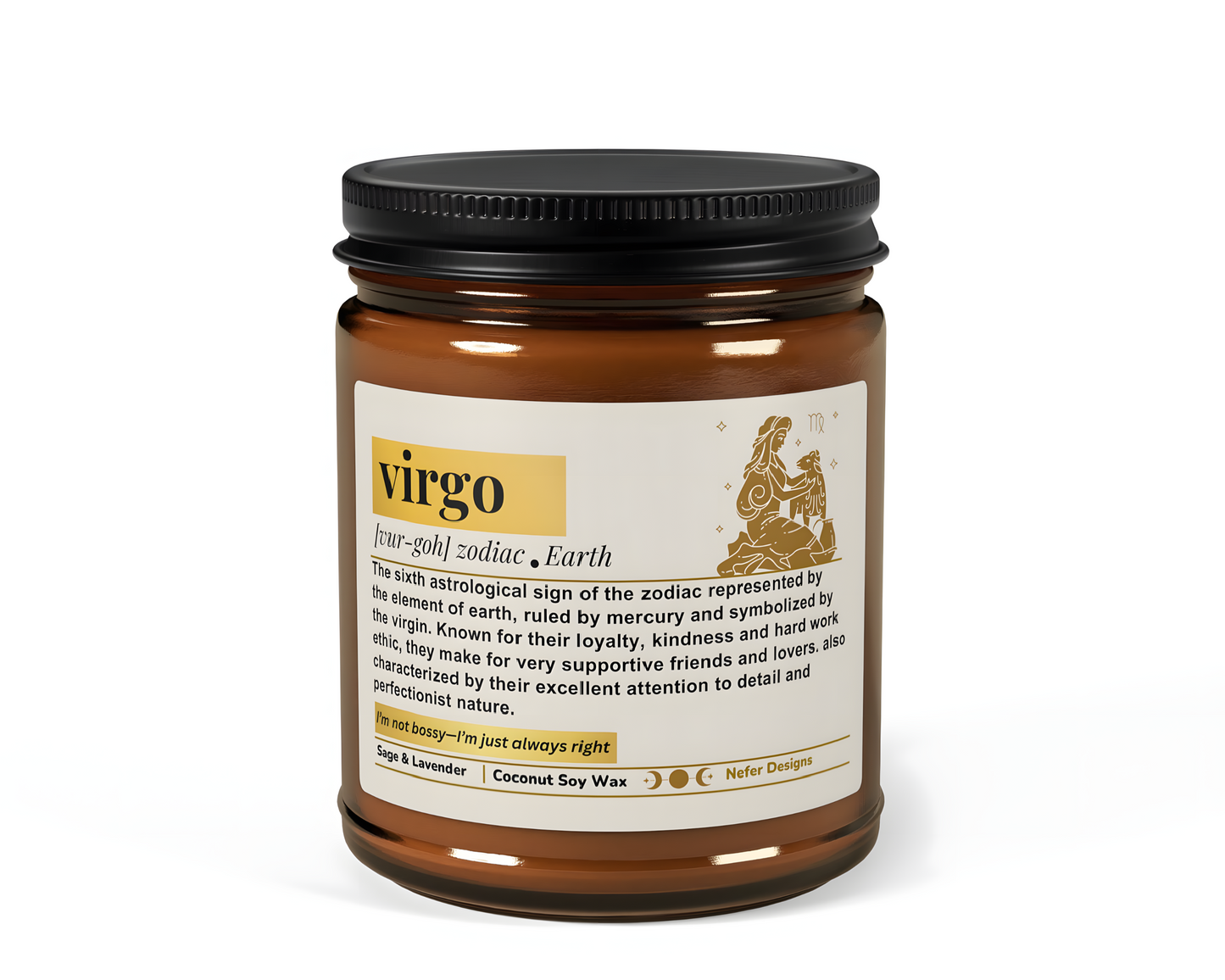 Virgo Zodiac Candle - Lavender & Sage scented coconut-soy wax candle in amber jar, for pure, balanced minds.