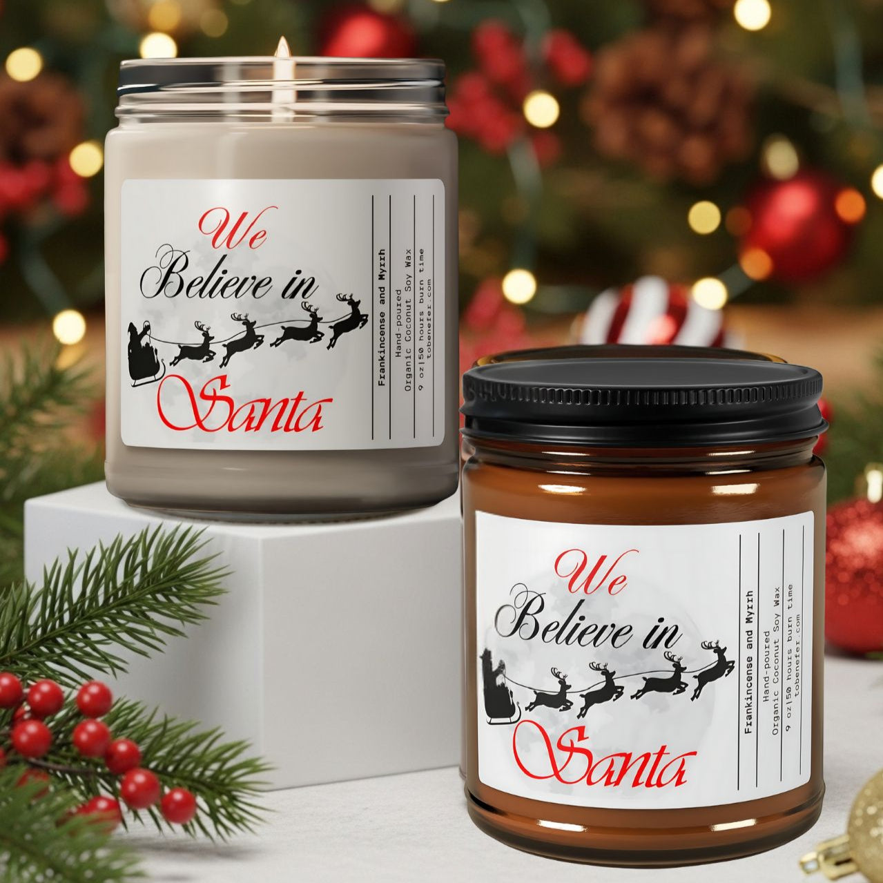 Two candles with 'We Believe in Santa' labels on a Christmas-themed background