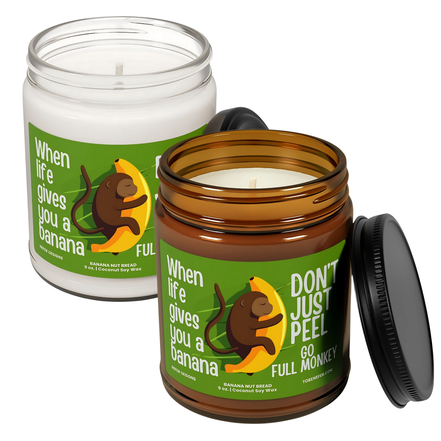 Monkey and Banana themed motivational best friend coworker gift candle clear and amber jar together