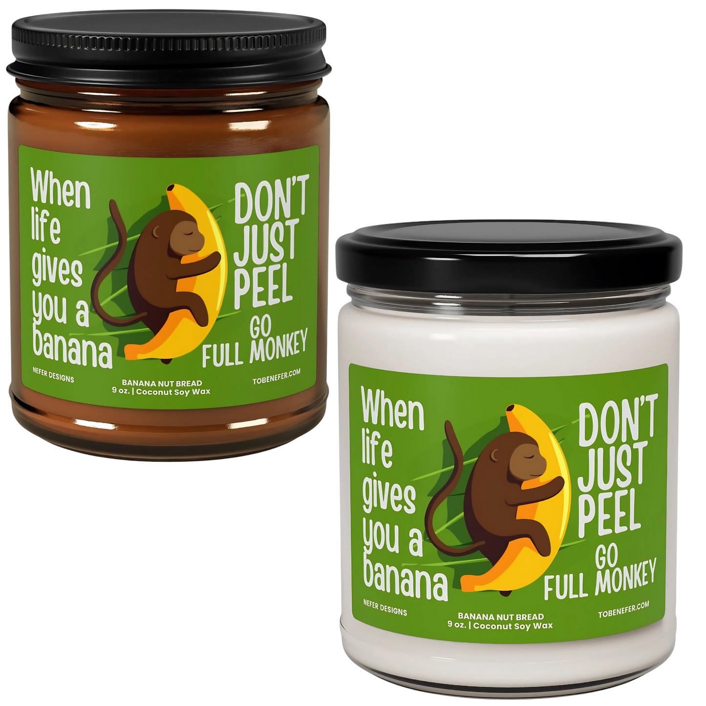 Monkey and Banana themed motivational best friend coworker gift candle clear and amber jar together 2