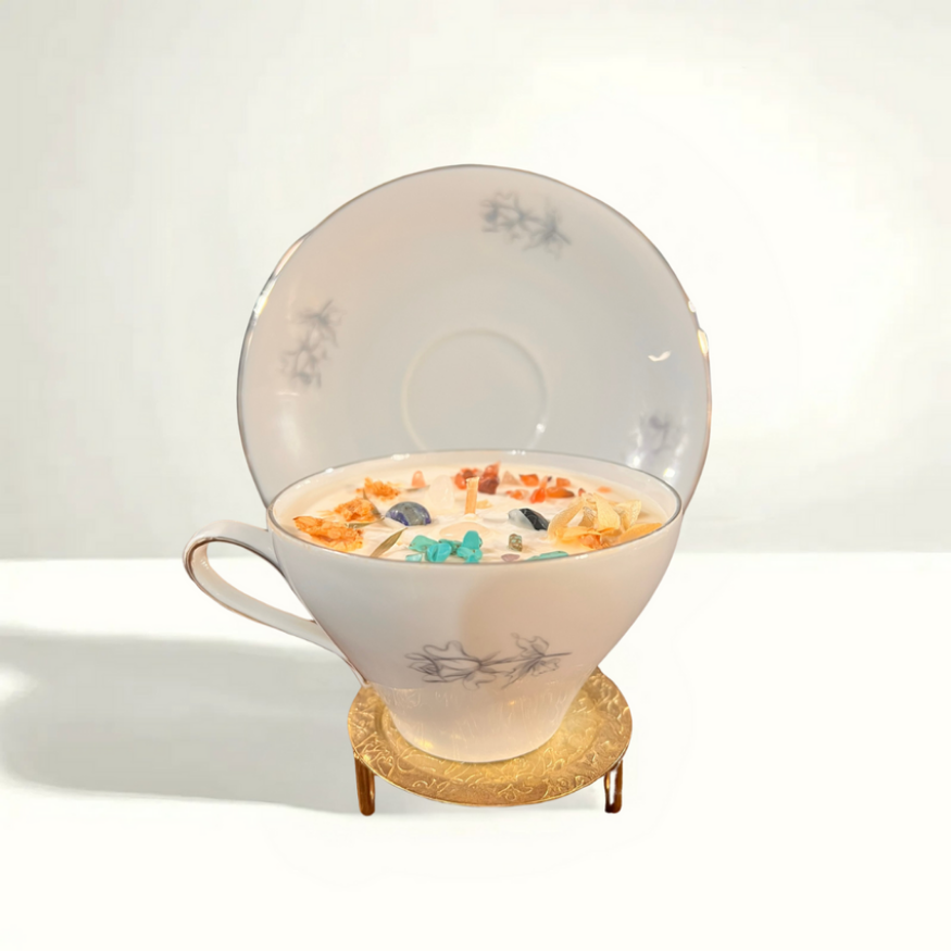 1970s Winterling Bavaria teacup candle - German porcelain with silver-gray roses and gilt accents, filled with coconut soy wax