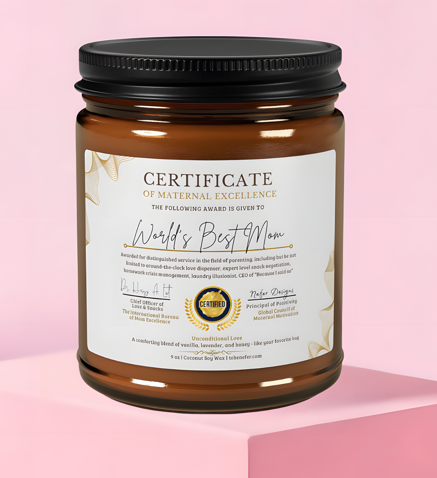 World's Best Mom Certificate Candle in amber jar – lavender honey vanilla scent, 9 oz soy wax, humorous parenting award text