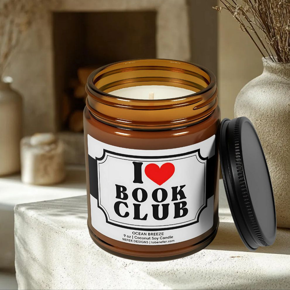 Book Club coconut soy candle in Ocean Breeze scent - clean-burning 9 oz candle for readers and book lovers, by Nefer Designs