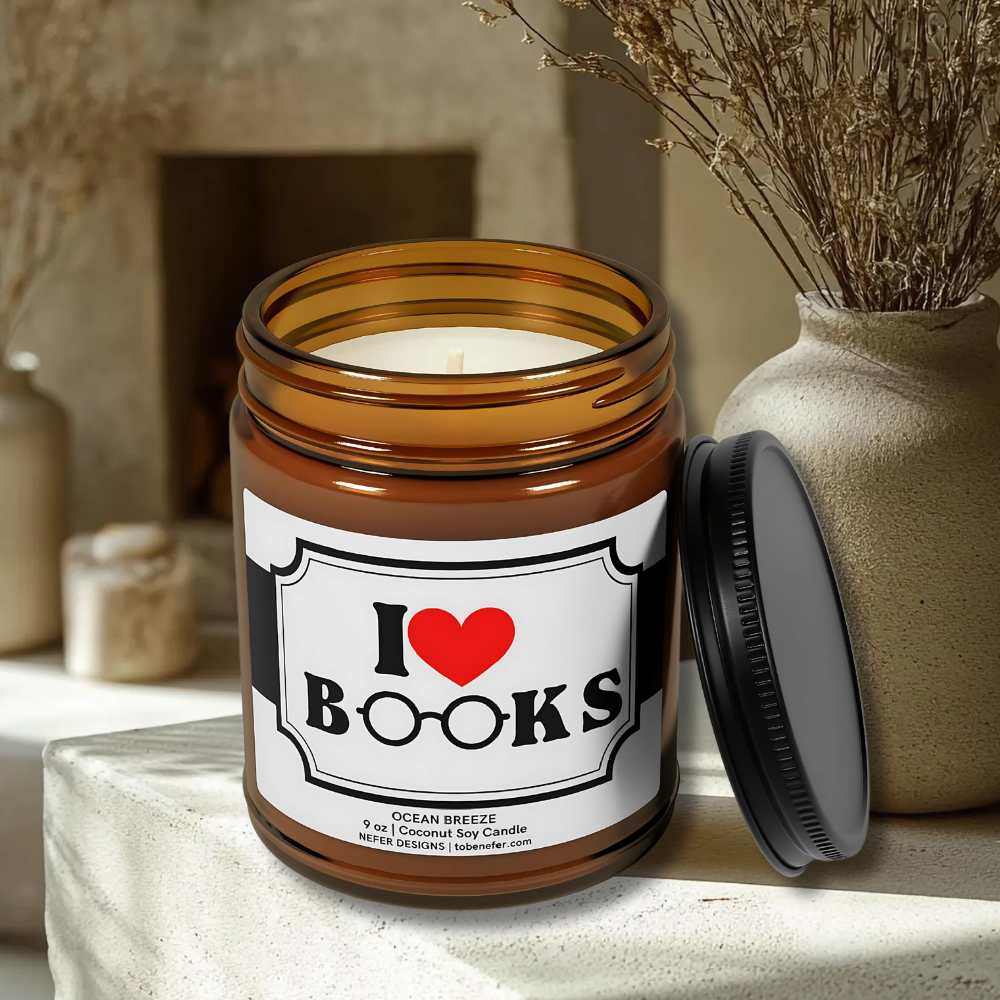 i love books coconut soy candle in Ocean Breeze scent - clean-burning 9 oz candle for readers and bibliophiles, by Nefer Designs.