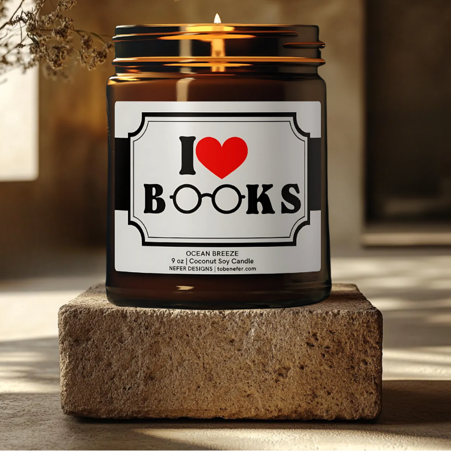 "Giftable Ocean Breeze book candle - 9 oz soy wax candle with fresh coastal scent, ideal for readers and book club favors