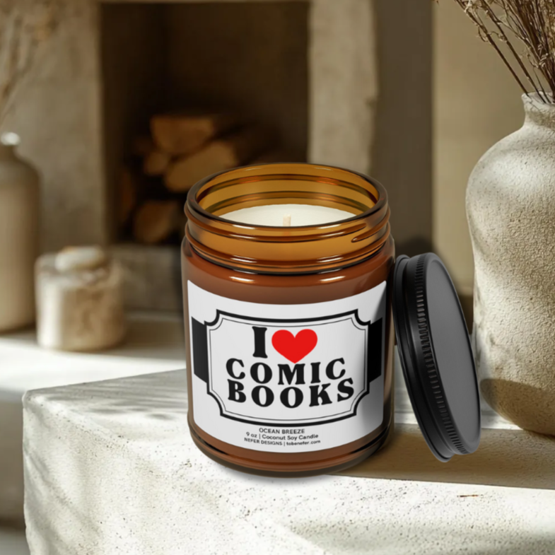 Superhero candle burning beside open DC comic book – perfect for Gotham nights, Metropolis days, and epic binge-reading sessions.