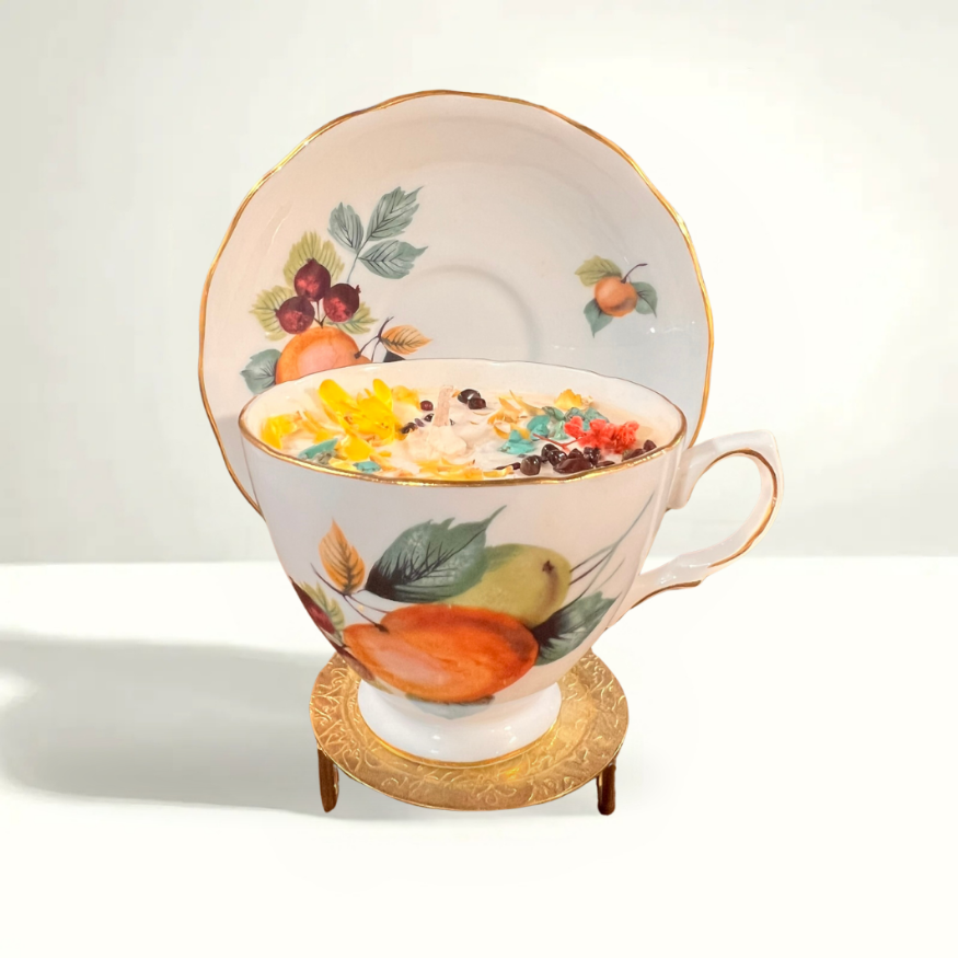 1950s Royal Vale fruit teacup candle - English bone china with scalloped gold rim, cheerful retro design in lemongrass wax