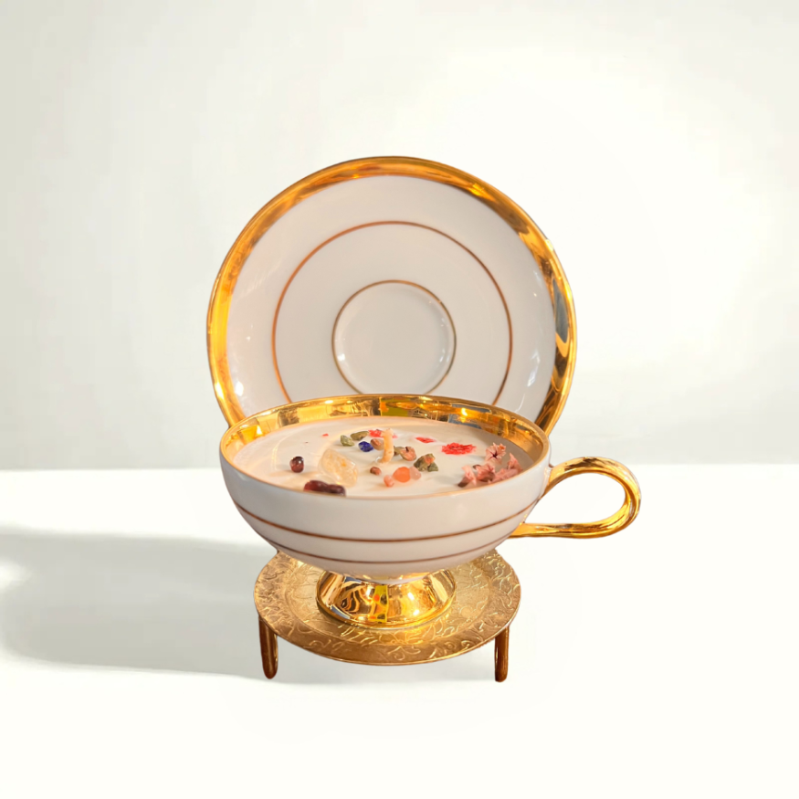 1980 WJS Bavaria teacup candle - German porcelain with 24k gold trim, precision-crafted luxury