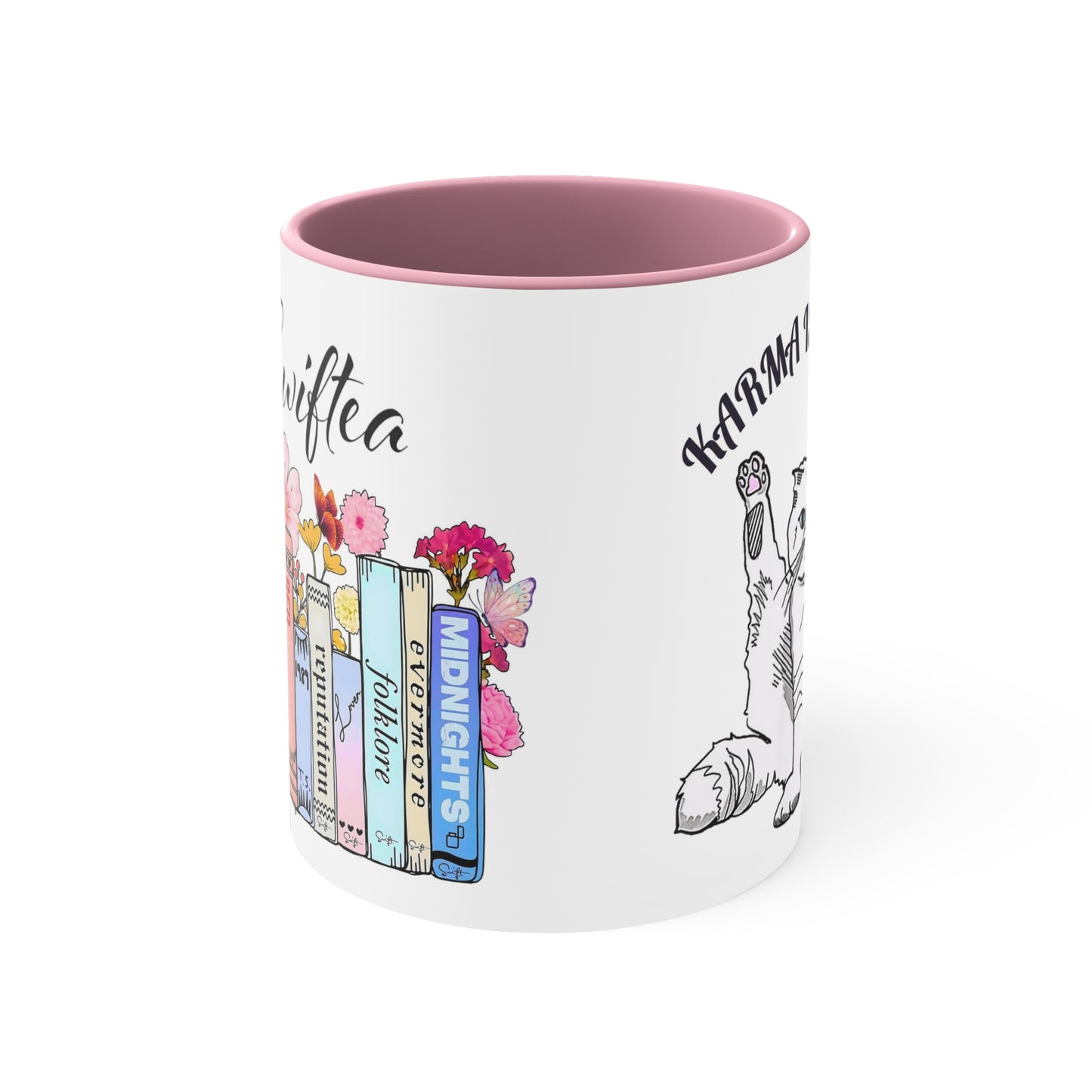 Swiftea - Karma is a Cat | 11 oz Ceramic Mug with Pink Accents