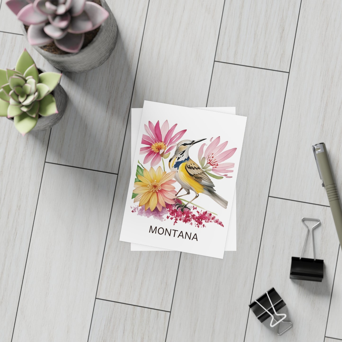 Montana | Meadowlark Bird & Pink Flowers | Home State Greeting Card