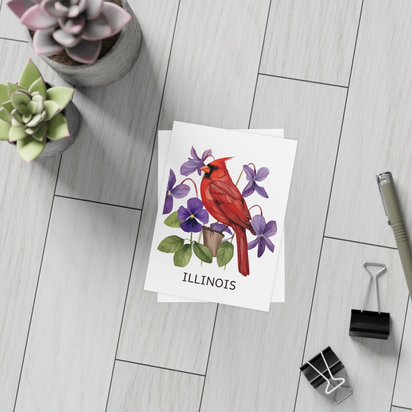 Illinois | Red Cardinal & Purple Violets | Home State Greeting Card