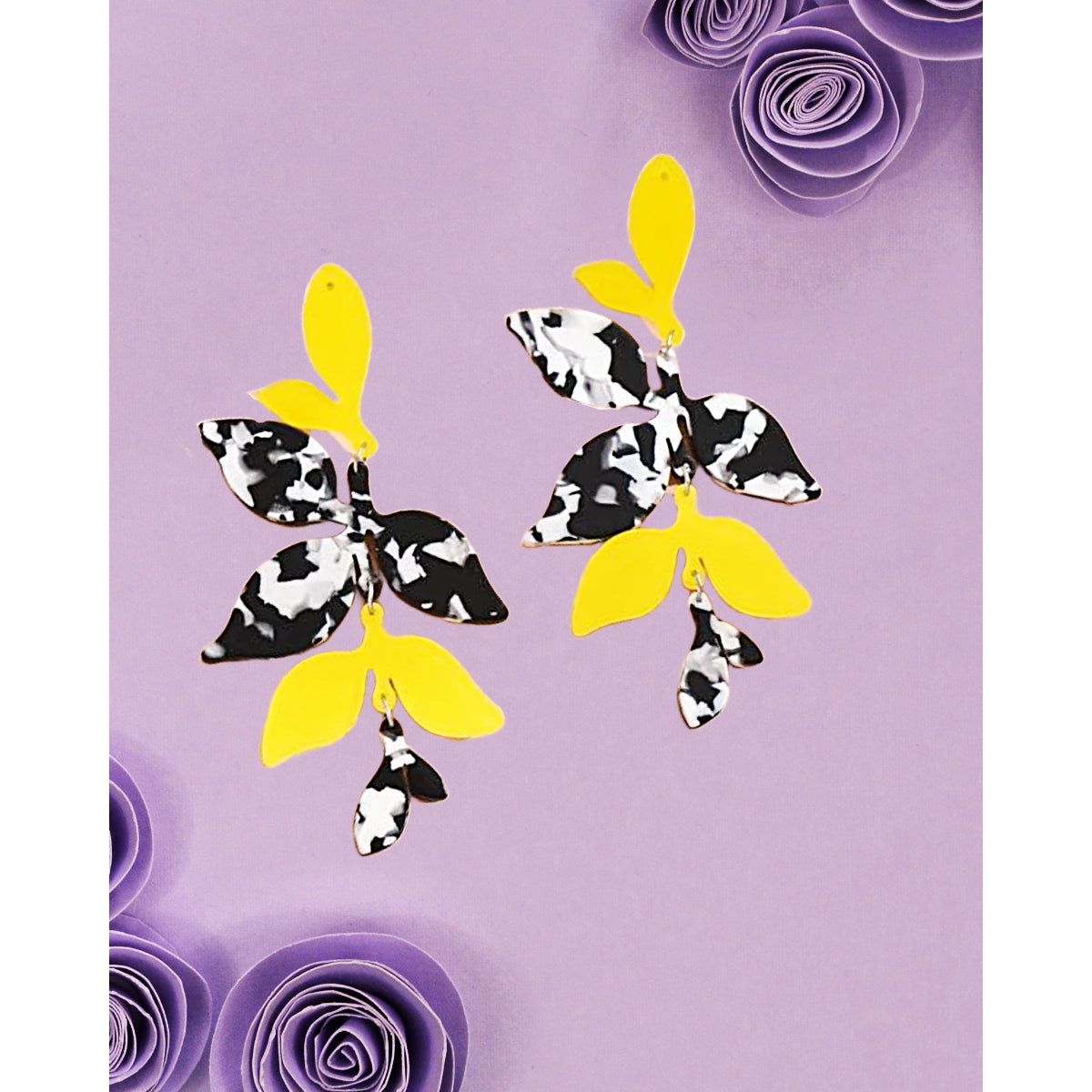 Yellow and Black Tropical Flower Drop Earrings | Polyresin Lightweight Earrings