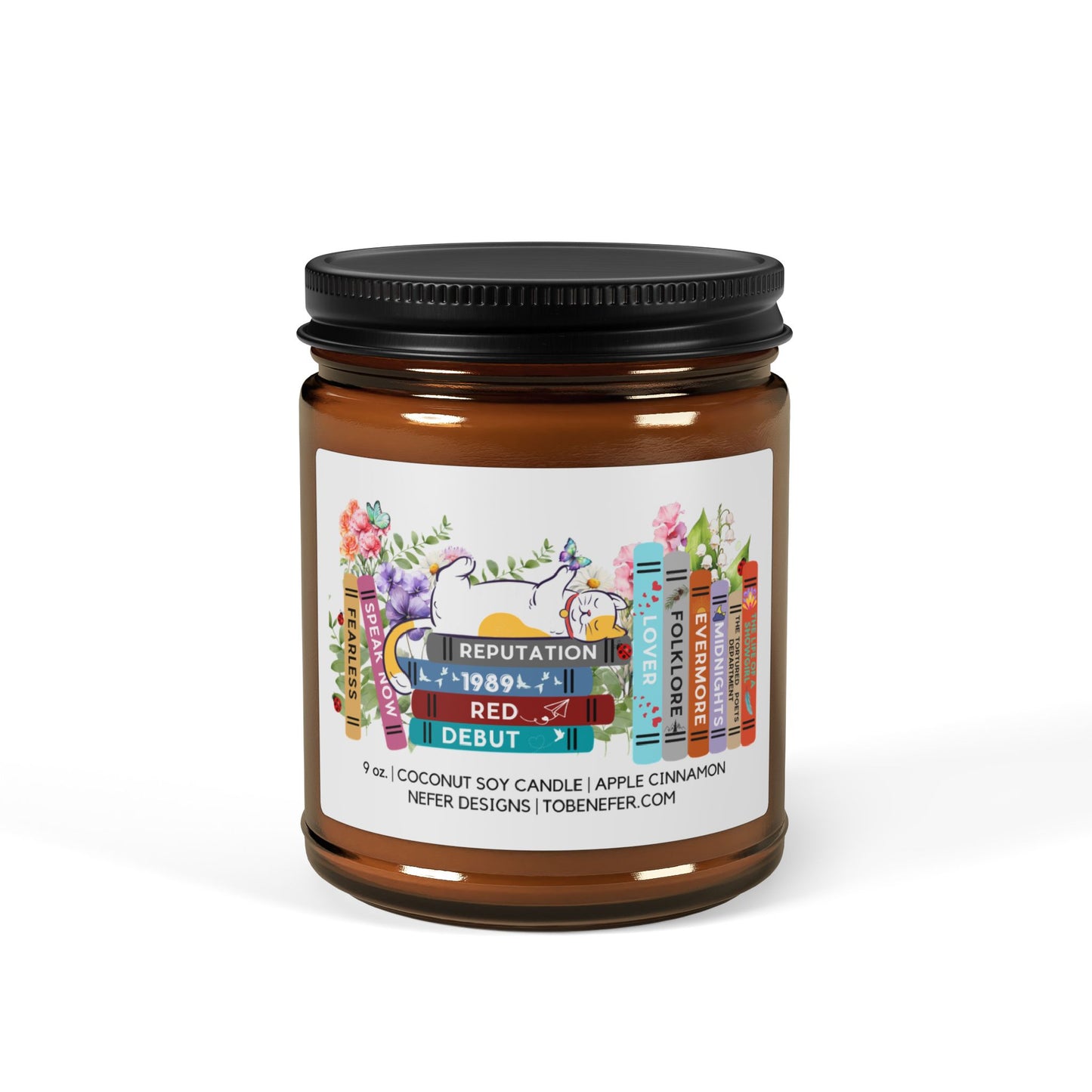 Candle jar with a colorful label on a white background