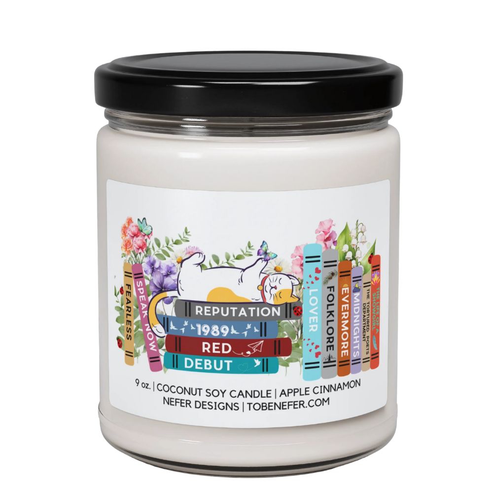 Candle jar with a colorful label featuring text and illustrations on a white background
