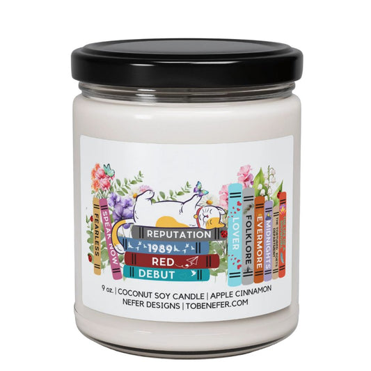 Candle jar with a colorful label featuring text and illustrations on a white background