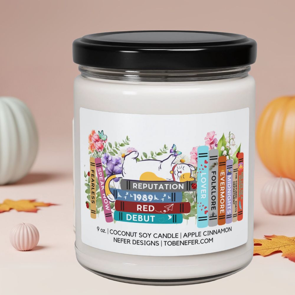 Candle jar with colorful label on a beige background