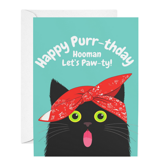 Greeting card with a black cat wearing a red bandana, text 'Happy Purr-thday Hooman Let's Paw-ty!' on a teal background.