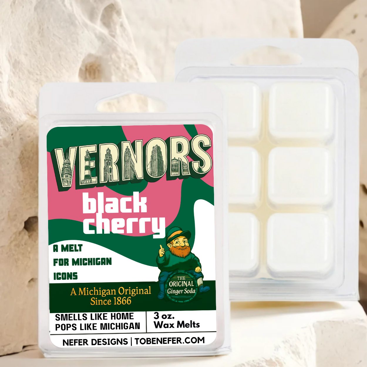 Vernors black cherry wax melts packaging with brand logo and product details.