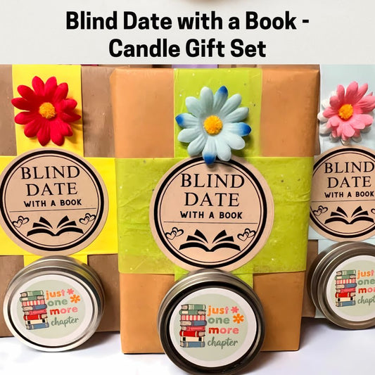 Candle gift set with 'Blind Date with a Book' theme, featuring colorful packaging and decorative flowers.