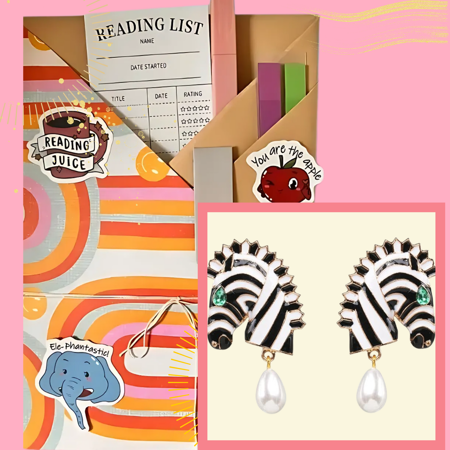 A collection of wrapped books with decorative stickers, each accompanied by a bookmark and in some cases, a highlighter or a pair of earrings.