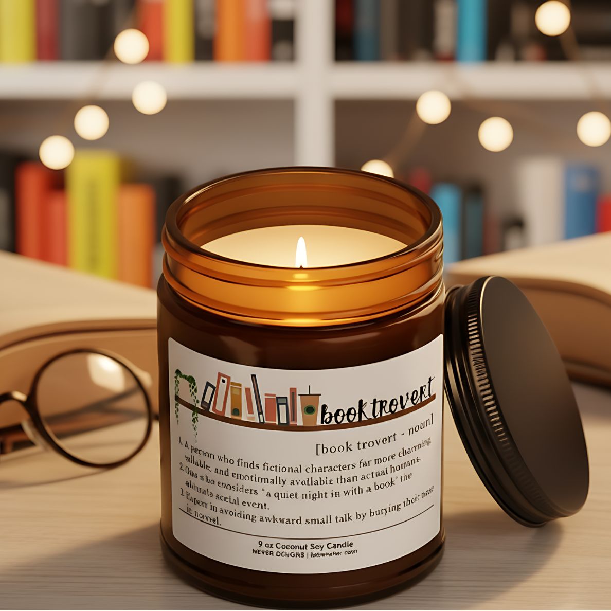 Candle in a jar with a bookish label on a wooden surface, surrounded by books and glasses.