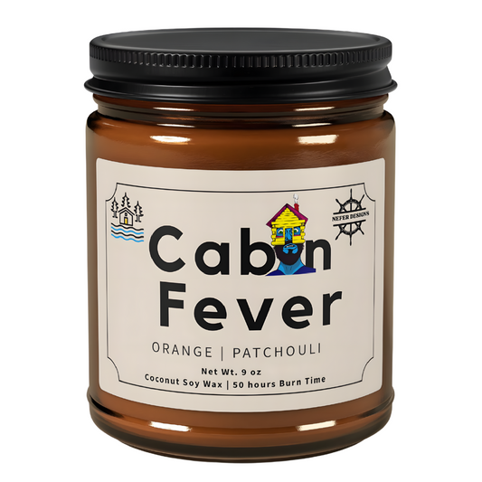 Cabin Fever soy candle in amber jar - Orange & Patchouli scent - 9 oz coconut soy wax with 50 hour burn time